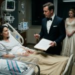 Woman in a maternity hospital bed faces her tuxedo-clad ex-husband and his new bride still wearing her wedding dress.