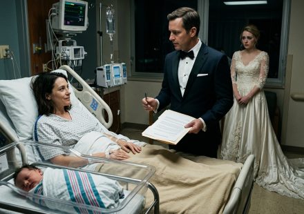 Woman in a maternity hospital bed faces her tuxedo-clad ex-husband and his new bride still wearing her wedding dress.