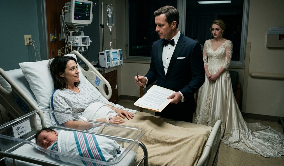 Woman in a maternity hospital bed faces her tuxedo-clad ex-husband and his new bride still wearing her wedding dress.