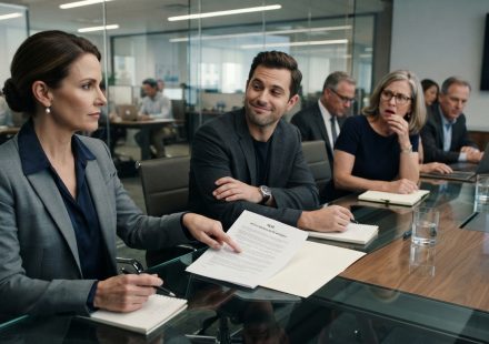 Senior contracts manager calmly pointing to her NDA during a tense confrontation with her boss