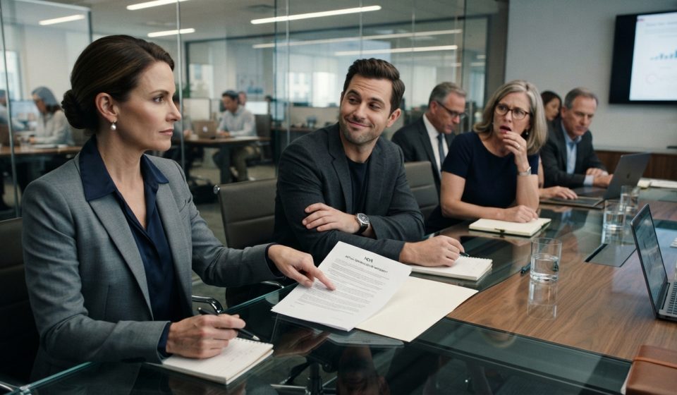 Senior contracts manager calmly pointing to her NDA during a tense confrontation with her boss