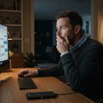 Suspicious husband staring at a hidden folder on the shared computer inside his suburban home.
