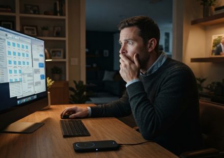 Suspicious husband staring at a hidden folder on the shared computer inside his suburban home.