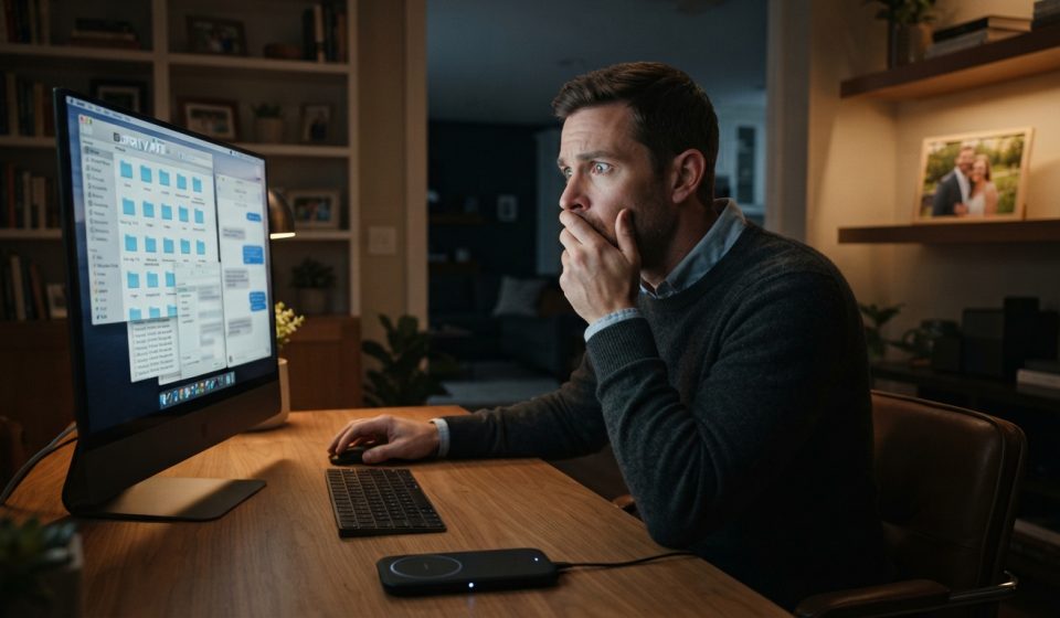 Suspicious husband staring at a hidden folder on the shared computer inside his suburban home.