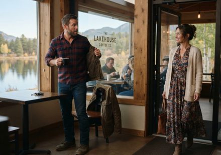 Zane meeting a calm woman in a floral dress at a lakeside coffee shop during the blind date he never wanted.