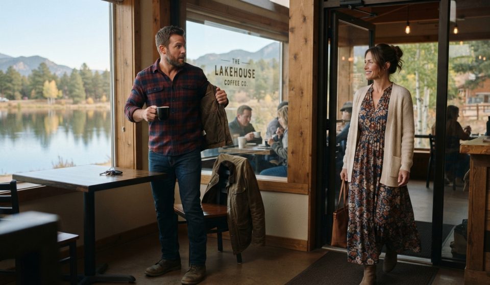 Zane meeting a calm woman in a floral dress at a lakeside coffee shop during the blind date he never wanted.