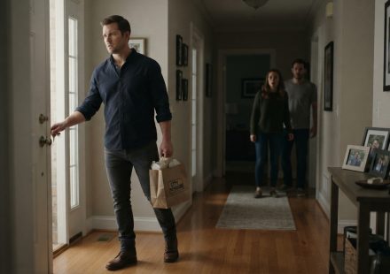 A husband carrying takeout enters his brother's house as his wife and brother emerge from the hallway.