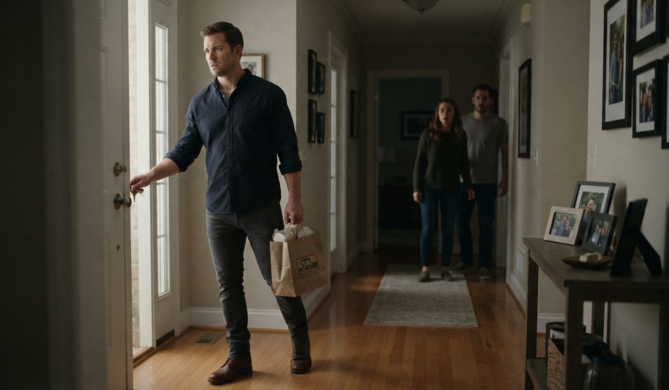 A husband carrying takeout enters his brother's house as his wife and brother emerge from the hallway.
