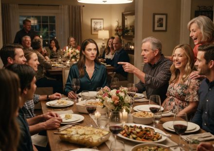 Thirty-two-year-old woman stunned as her father points at her across a crowded Mother's Day dinner table after her sister announces her pregnancy.