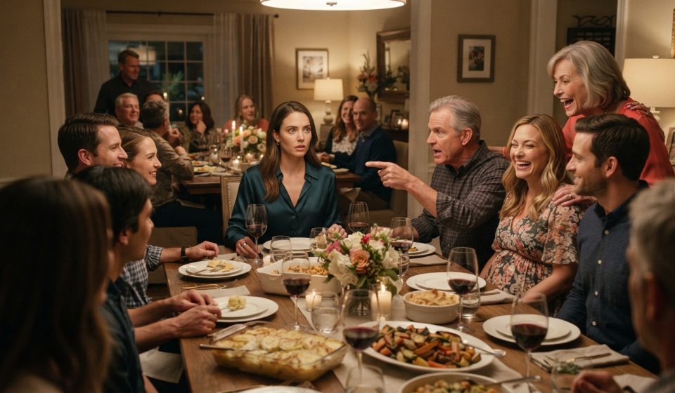 Thirty-two-year-old woman stunned as her father points at her across a crowded Mother's Day dinner table after her sister announces her pregnancy.