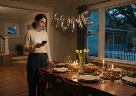 Madison stands alone beside a dinner table set for five after her family didn't show up to celebrate her newly purchased dream home.