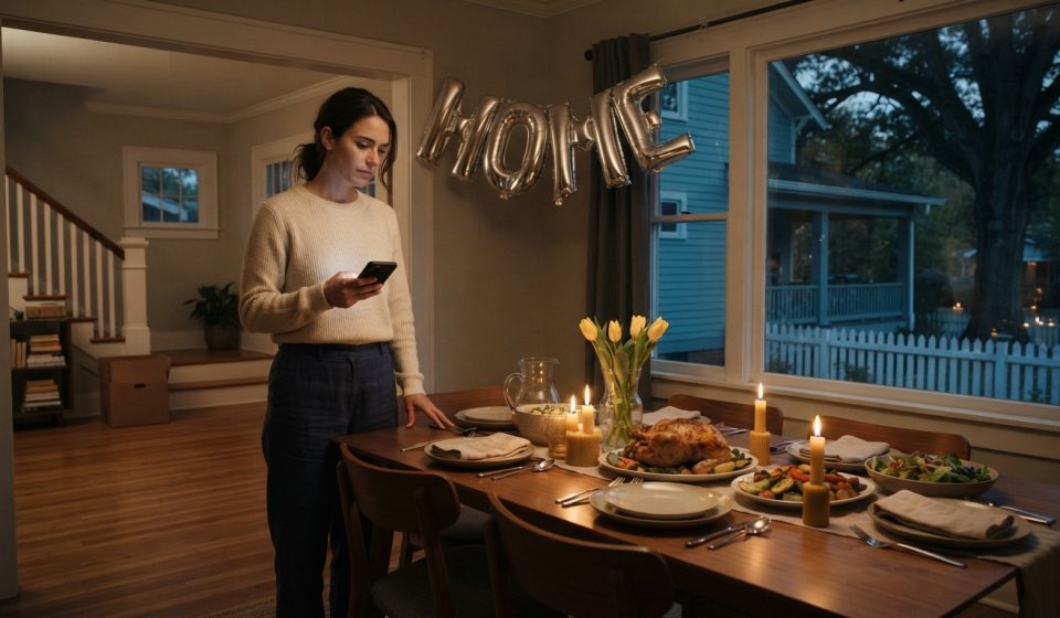 Madison stands alone beside a dinner table set for five after her family didn't show up to celebrate her newly purchased dream home.
