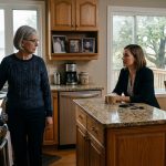 Edwina stands in her kitchen as her daughter-in-law tells her to leave her own home for three weeks