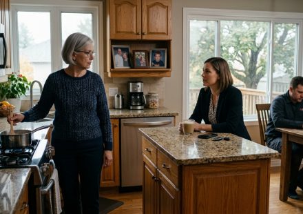 Edwina stands in her kitchen as her daughter-in-law tells her to leave her own home for three weeks