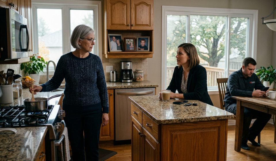 Edwina stands in her kitchen as her daughter-in-law tells her to leave her own home for three weeks