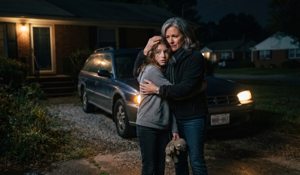 An 11-year-old girl sitting alone on the front steps with a bowl of cereal after her parents unexpectedly left home.