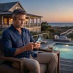 Garrett sitting on the deck of his luxury Tybee Island beach house at sunset while his phone buzzes with family messages.