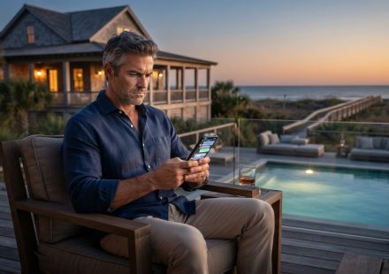 Garrett sitting on the deck of his luxury Tybee Island beach house at sunset while his phone buzzes with family messages.
