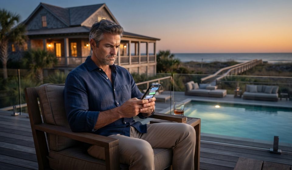 Garrett sitting on the deck of his luxury Tybee Island beach house at sunset while his phone buzzes with family messages.