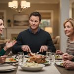 A successful contractor sitting calmly at Sunday family dinner while his sister proudly discusses her upcoming corporate job interview.