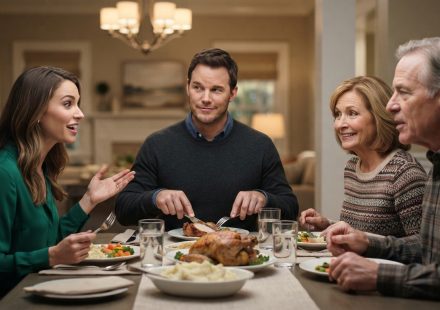 A successful contractor sitting calmly at Sunday family dinner while his sister proudly discusses her upcoming corporate job interview.