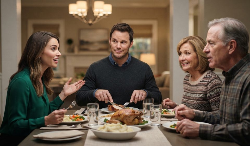 A successful contractor sitting calmly at Sunday family dinner while his sister proudly discusses her upcoming corporate job interview.