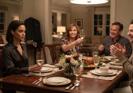Savannah sits calmly at a Mother's Day dinner while her mother raises a glass and other family members laugh around the table.