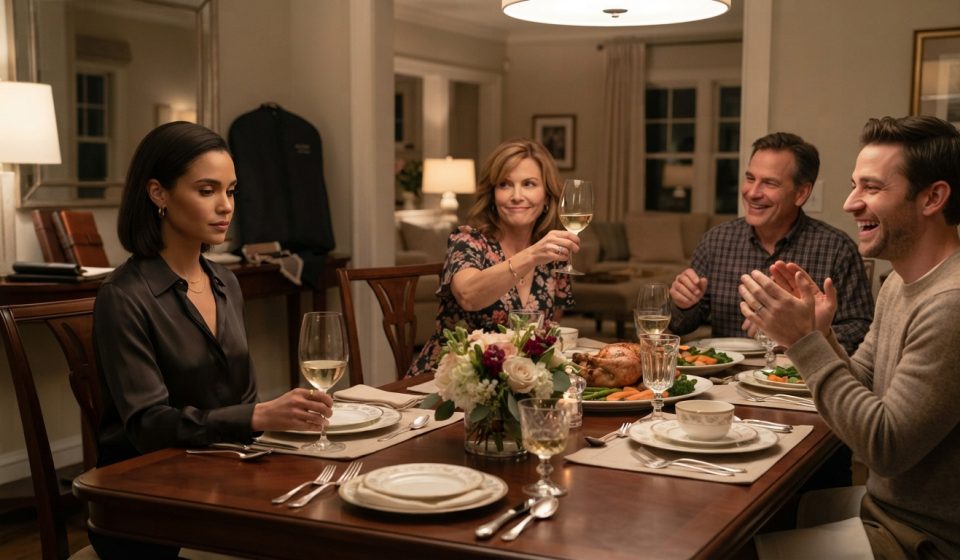 Savannah sits calmly at a Mother's Day dinner while her mother raises a glass and other family members laugh around the table.