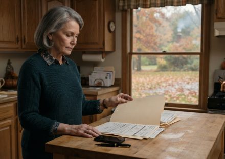Loretta opens a family folder at her kitchen island after learning her son and daughter-in-law secretly moved to a new address.
