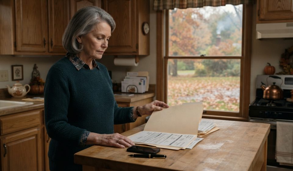 Loretta opens a family folder at her kitchen island after learning her son and daughter-in-law secretly moved to a new address.