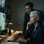 A woman watching security camera footage from her son's wedding with a concerned restaurant manager in a private office.