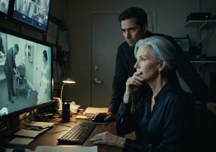 A woman watching security camera footage from her son's wedding with a concerned restaurant manager in a private office.