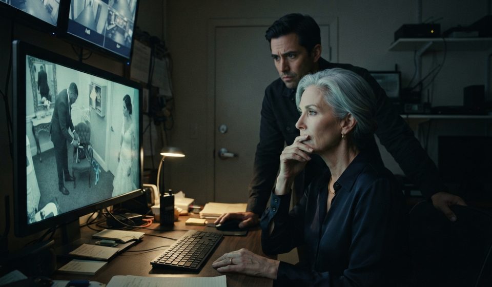A woman watching security camera footage from her son's wedding with a concerned restaurant manager in a private office.