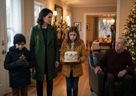 Mother stands protectively beside her two children after they arrive at their grandfather's decorated home for Christmas.