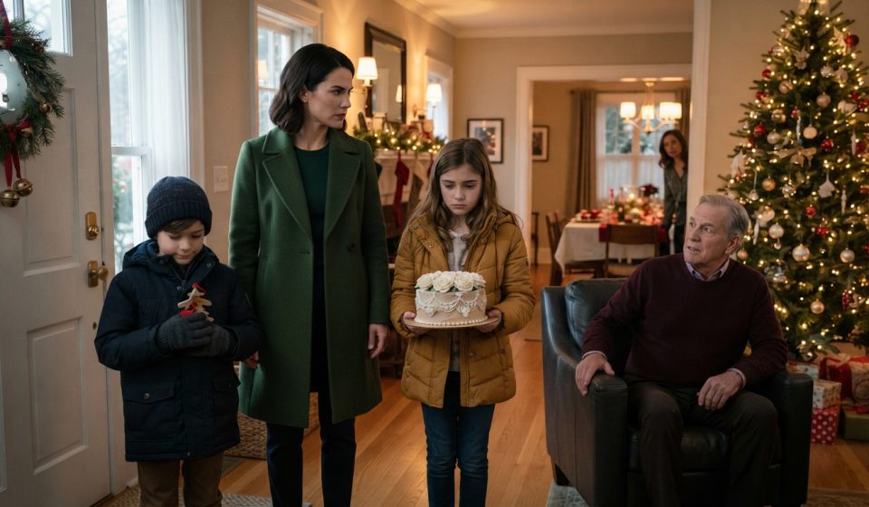 Mother stands protectively beside her two children after they arrive at their grandfather's decorated home for Christmas.