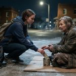 Homeless 18-year-old gives money to a frail elderly woman on a freezing Wichita street after her parents kicked her out.