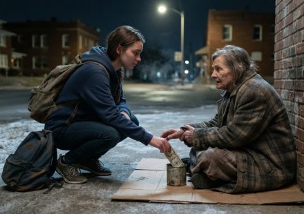 Homeless 18-year-old gives money to a frail elderly woman on a freezing Wichita street after her parents kicked her out.