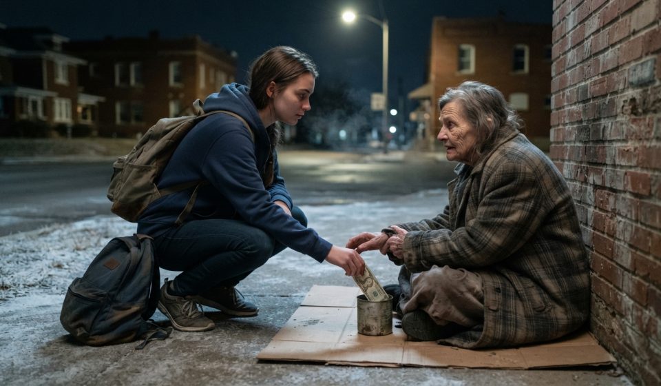 Homeless 18-year-old gives money to a frail elderly woman on a freezing Wichita street after her parents kicked her out.