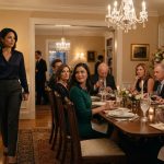 A successful woman entering an elegant family birthday dinner as relatives suddenly fall silent around the table.