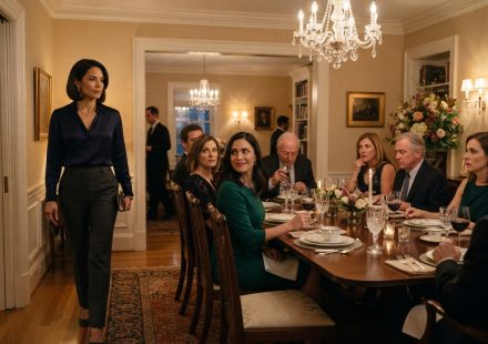 A successful woman entering an elegant family birthday dinner as relatives suddenly fall silent around the table.