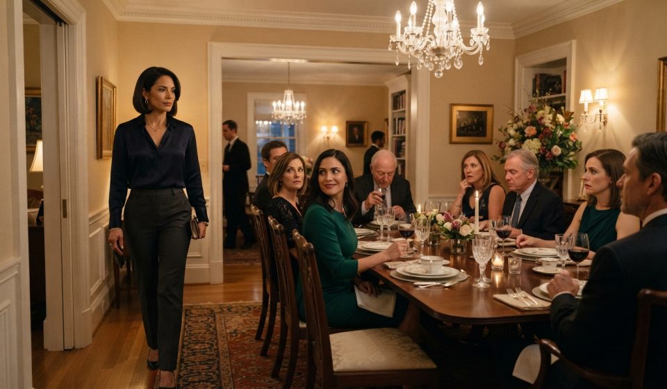 A successful woman entering an elegant family birthday dinner as relatives suddenly fall silent around the table.
