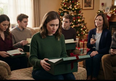 24-year-old woman staring into an empty Christmas gift box while her three siblings open matching boxes containing checks.