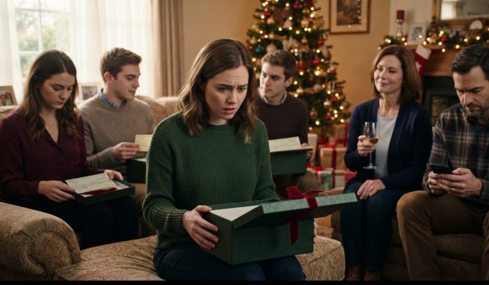 24-year-old woman staring into an empty Christmas gift box while her three siblings open matching boxes containing checks.