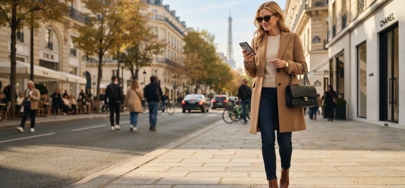 Stylish 38-year-old woman enjoying an autumn day in Paris while her phone fills with unexpected calls from her family.