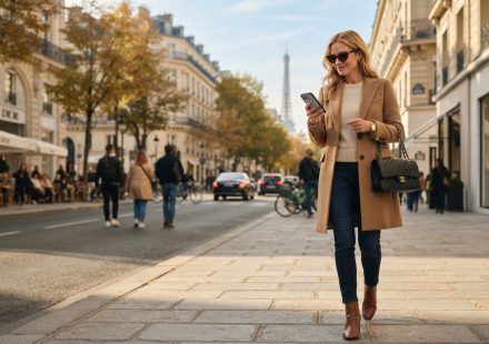 Stylish 38-year-old woman enjoying an autumn day in Paris while her phone fills with unexpected calls from her family.