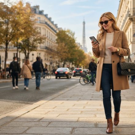 Stylish 38-year-old woman enjoying an autumn day in Paris while her phone fills with unexpected calls from her family.