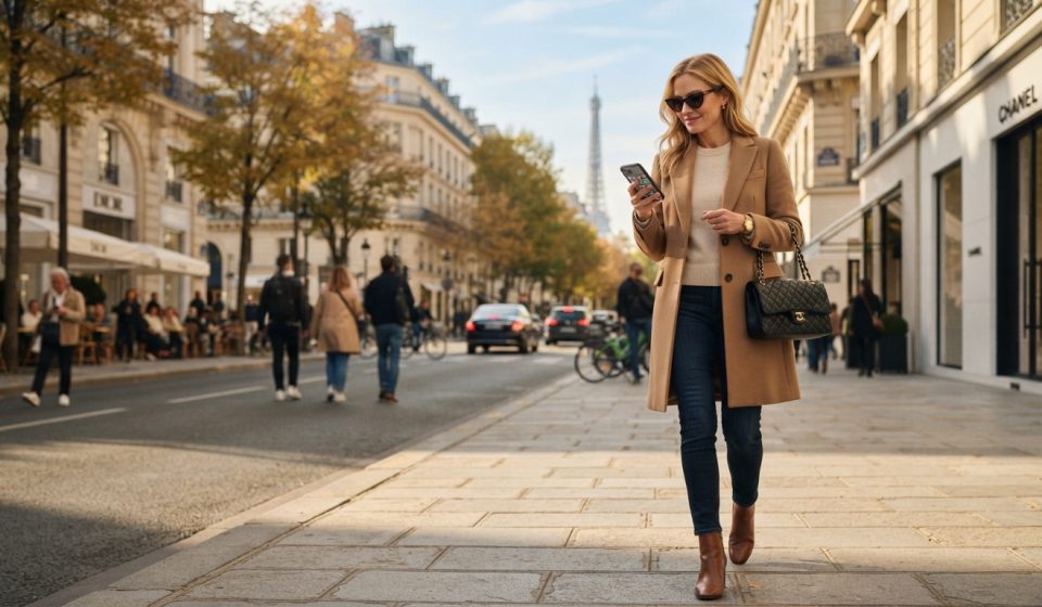 Stylish 38-year-old woman enjoying an autumn day in Paris while her phone fills with unexpected calls from her family.