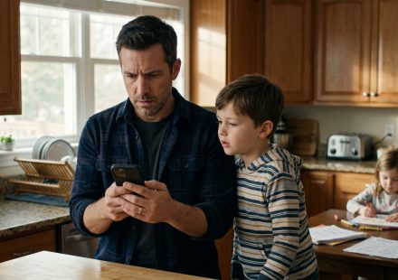 Father discovers his sister excluded his kids from party celebrations while his young son looks at the birthday photos on his phone.
