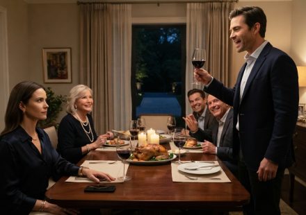 Woman calmly watching as her husband announces at a family dinner that he sold her cabin while she was overseas.