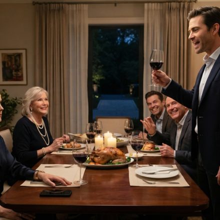 Woman calmly watching as her husband announces at a family dinner that he sold her cabin while she was overseas.